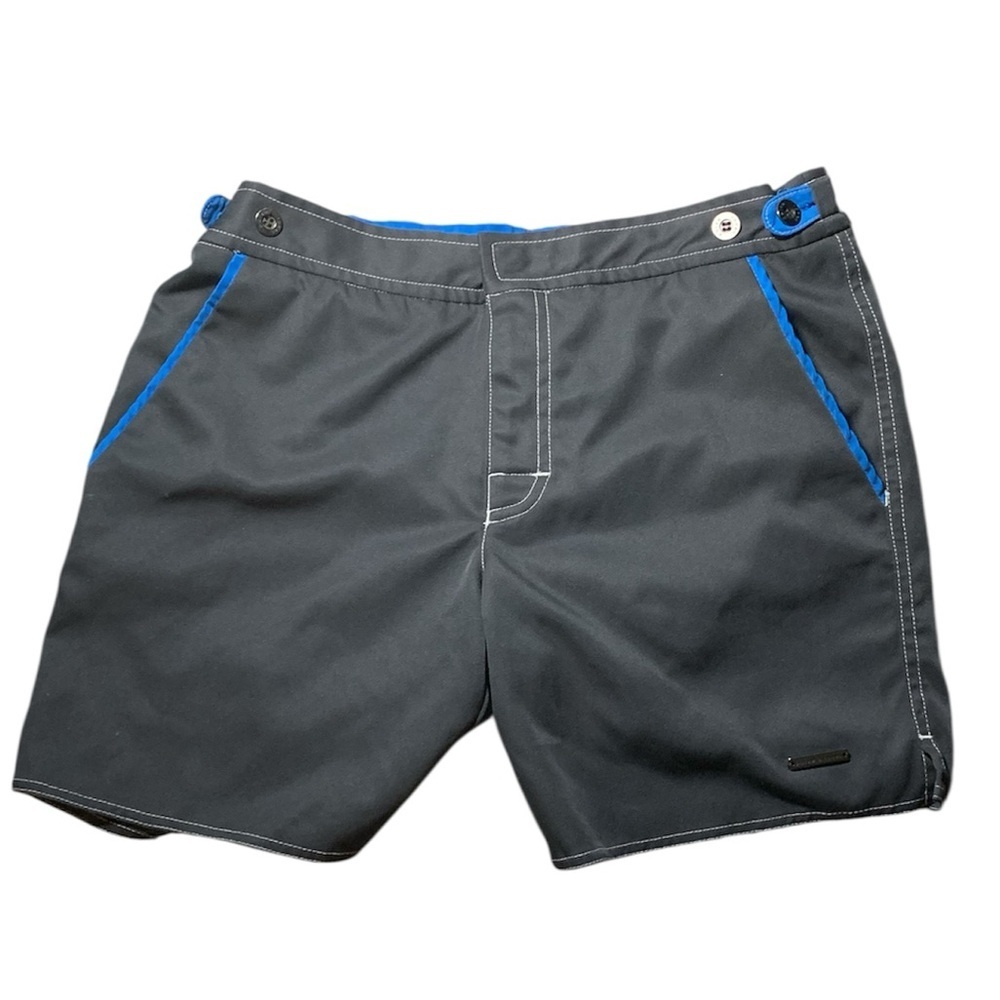 Parke & Ronen Men Swim Shorts Trunk Charcoal Grey Blue Accent Mesh Lined Size 28